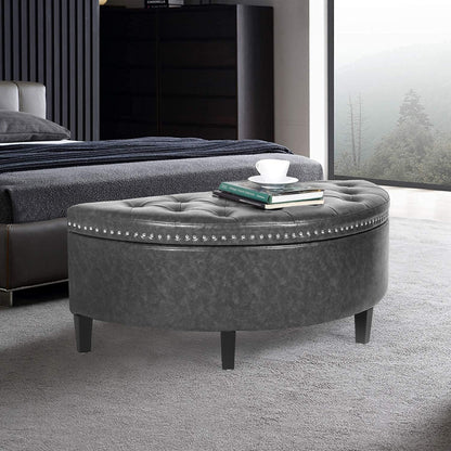 43" Half Moon Storage Ottoman Bench, Lift Top Faux Leather Storage Ottoman Bench for Bedroom Living Room (Gray)