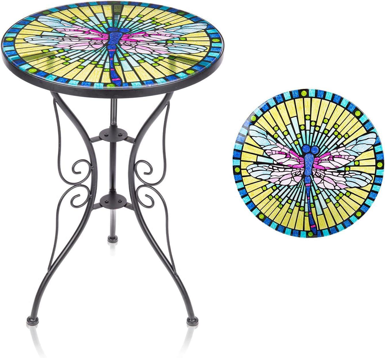 Patio Side Table Outdoor Accent Table Bistro Coffee Table Plant End Table Small Porch Table Indoor round Glass Balcony Plant Table Stands Dragonfly