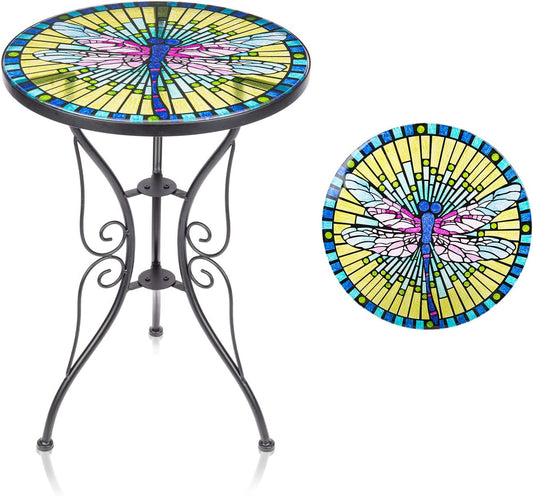 Patio Side Table Outdoor Accent Table Bistro Coffee Table Plant End Table Small Porch Table Indoor round Glass Balcony Plant Table Stands Dragonfly