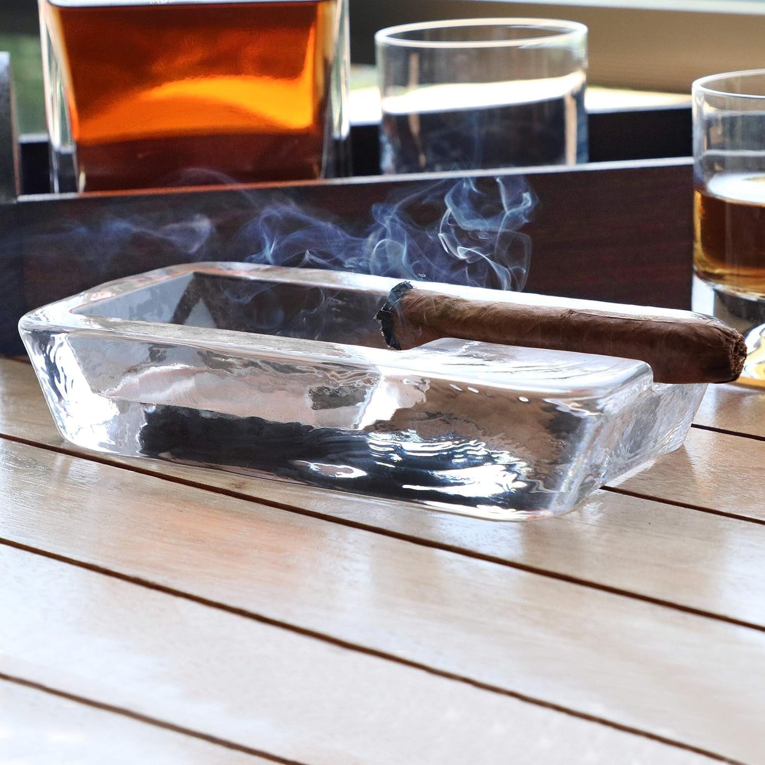 Large Heavy Glass Cigar Ashtray for Men, Outdoor Ash Tray for Patio, Cigar Lovers Gift Set for Smokers Mens (Rectangular Large)