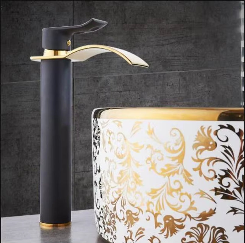 Basin Faucet Gold and White Waterfall Faucet Brass Bathroom Faucet Bathroom Basin Faucet Mixer Tap Hot and Cold Sink Faucet