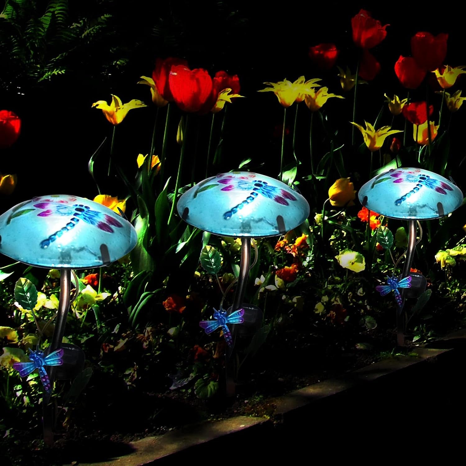 Glass Mushroom Shape with Dragonfly Pattern  - Waterproof Upgraded Outdoor Ground Landscape 