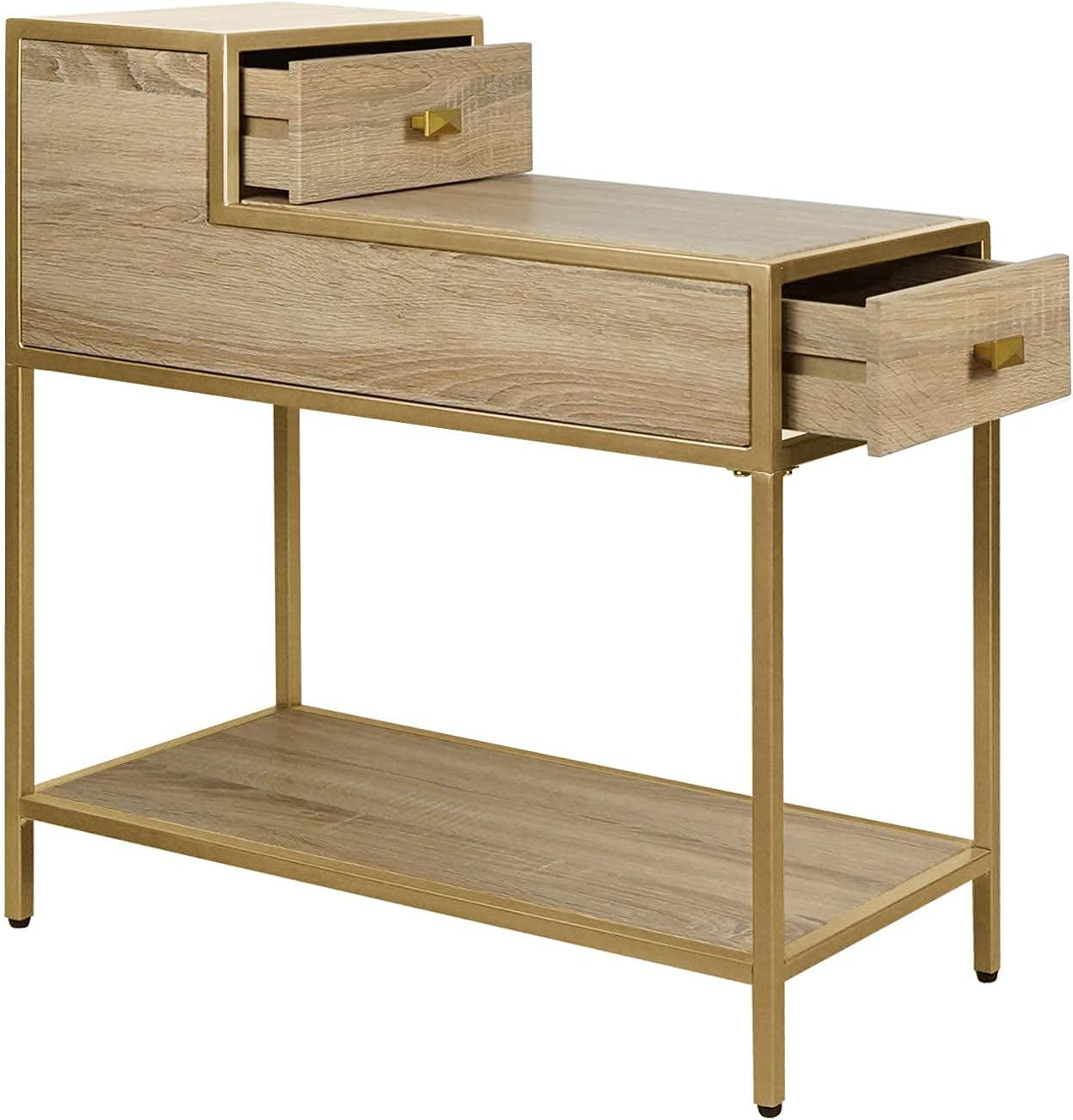 Farmhouse End Table, Gold, 25X12X27 Inches, Metal Top & Frame, Drawer, Indoor Use