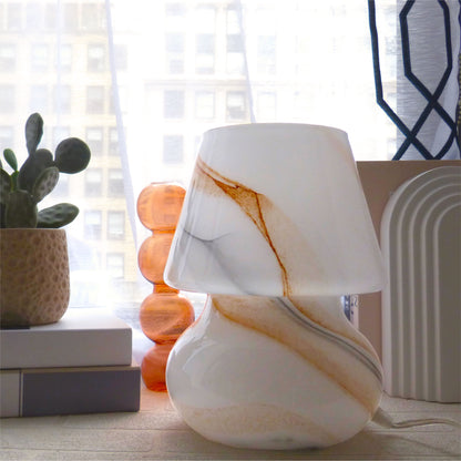 Brown Marble Glass Mushroom Lamp, 10" H X 7.5" W, Plug In
