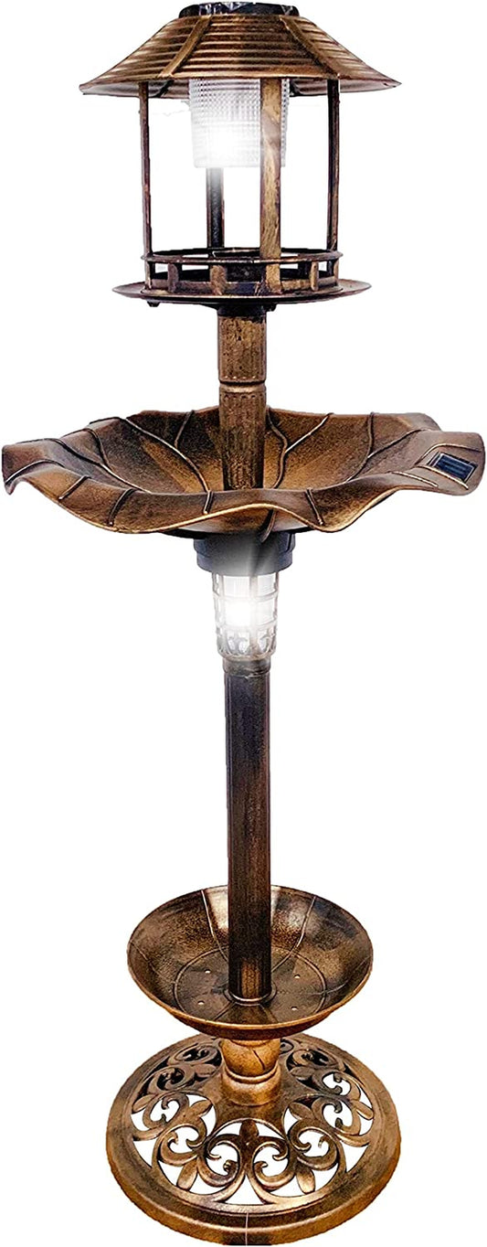 BB5171 Outdoor Solar Garden Bird Bath Vintage Lighted Pedestal Fountain Flower Birdbath Planter Accents Yard Statue Feeder, Decorative Cage, Fillable Stand Polyresin, Bronze 1