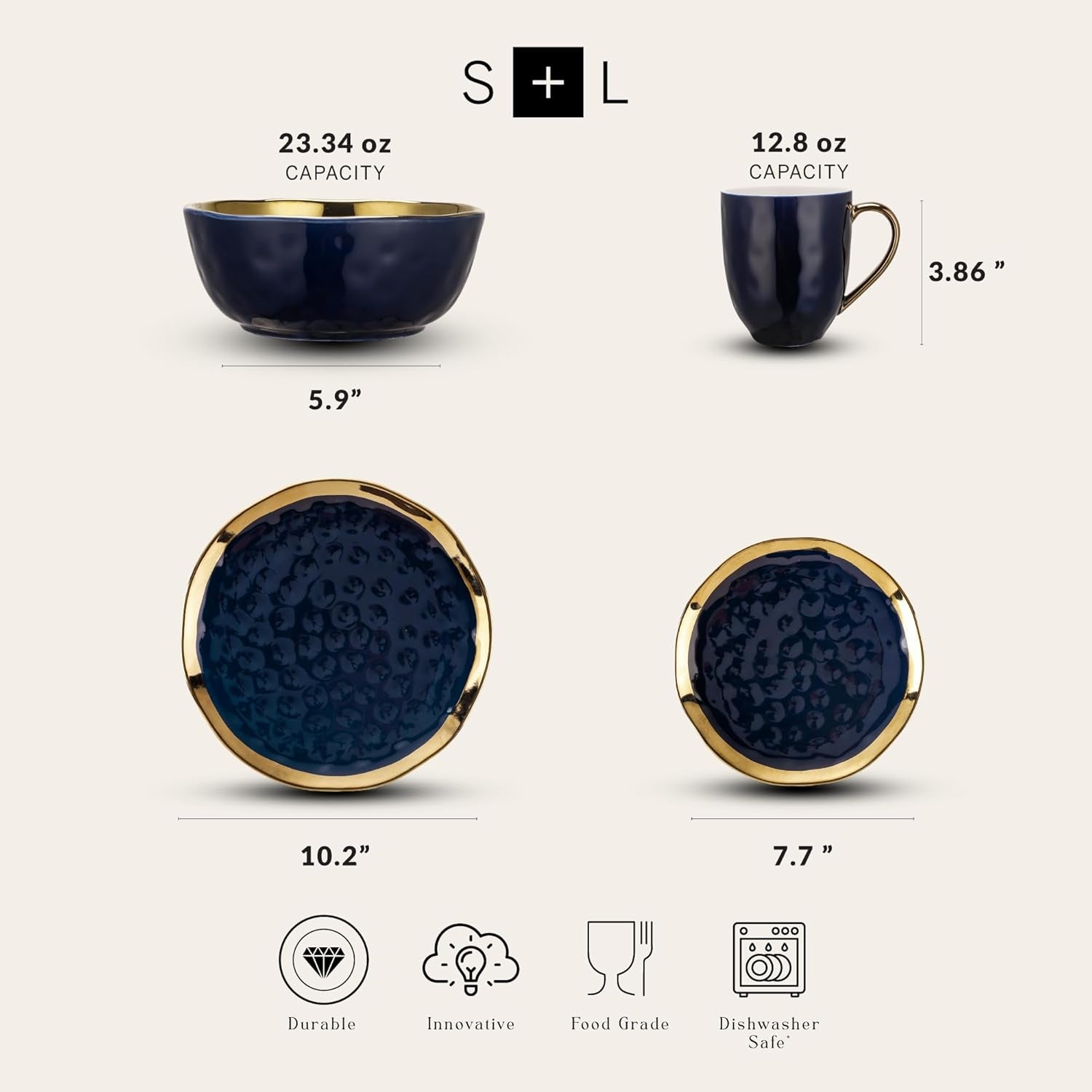 Porcelain 16 Piece Dinnerware Set, Service for 4, Blue and Golden Rim, Dark Blue