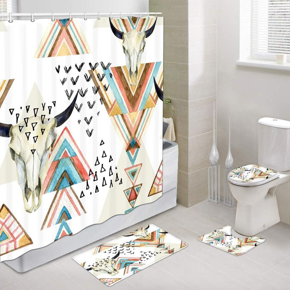 Western Boho Shower Curtain Native Aztec Tribal Bull Skull Southwestern Cow Bohemian Geometric Pattern West Bathroom Decor Aztec Shower Curtain with Hooks (69X70)