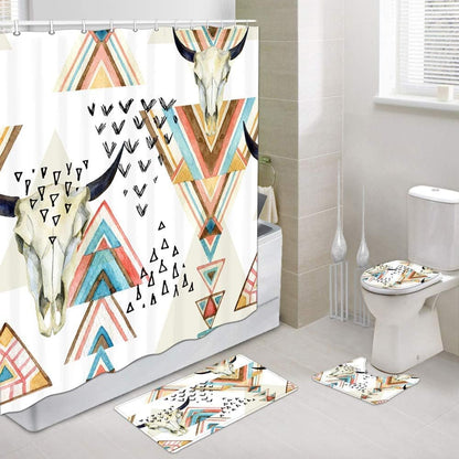 Western Boho Shower Curtain Native Aztec Tribal Bull Skull Southwestern Cow Bohemian Geometric Pattern West Bathroom Decor Aztec Shower Curtain with Hooks (69X70)