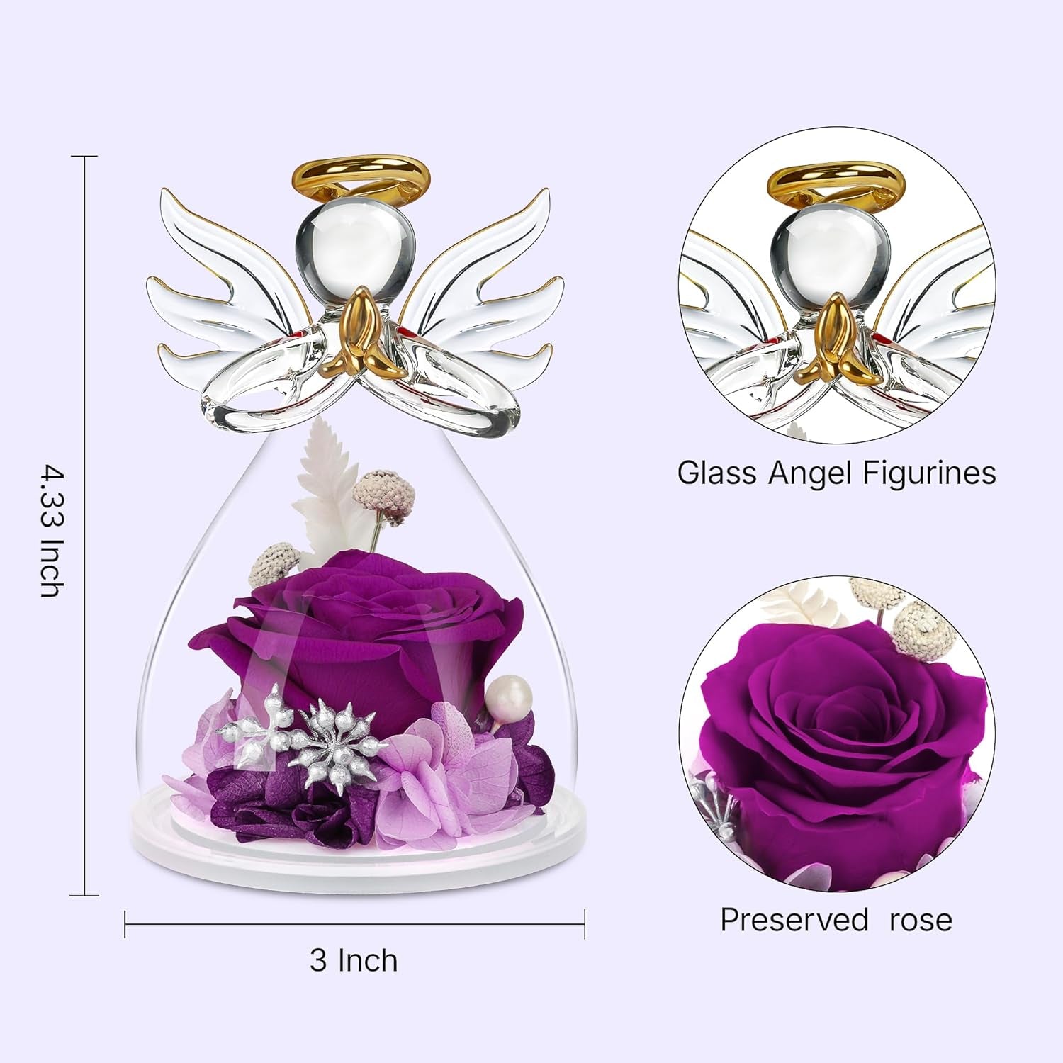 Mothers Day Mom Gifts for Her, Preserved Flowers Rose in Glass Angel Figurines