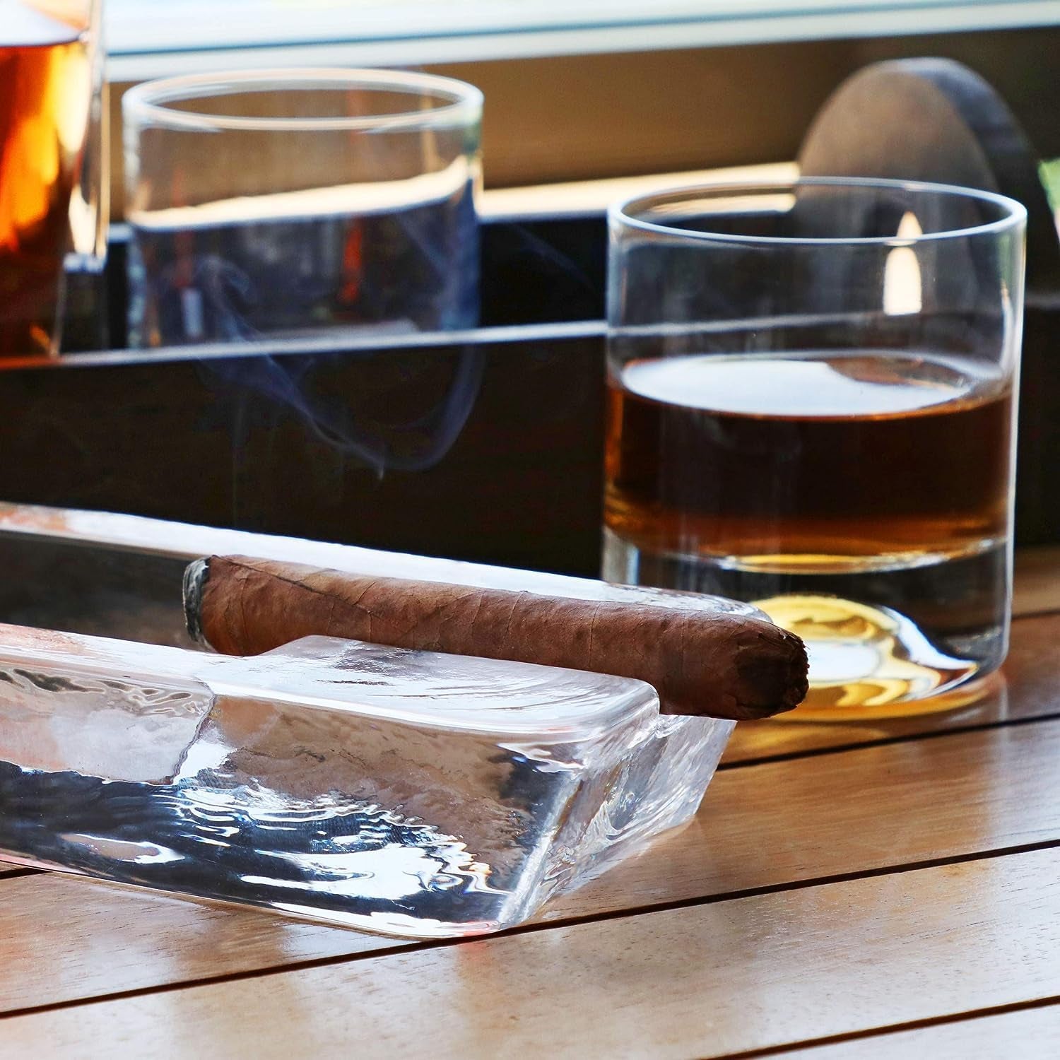 Large Heavy Glass Cigar Ashtray for Men, Outdoor Ash Tray for Patio, Cigar Lovers Gift Set for Smokers Mens (Rectangular Large)