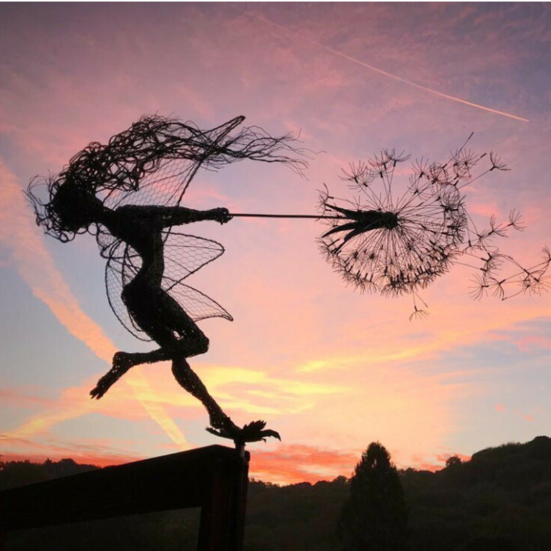 FARCENT Dandelion Magical Fairy Steel Wire Statue Garden Decorative Crafts