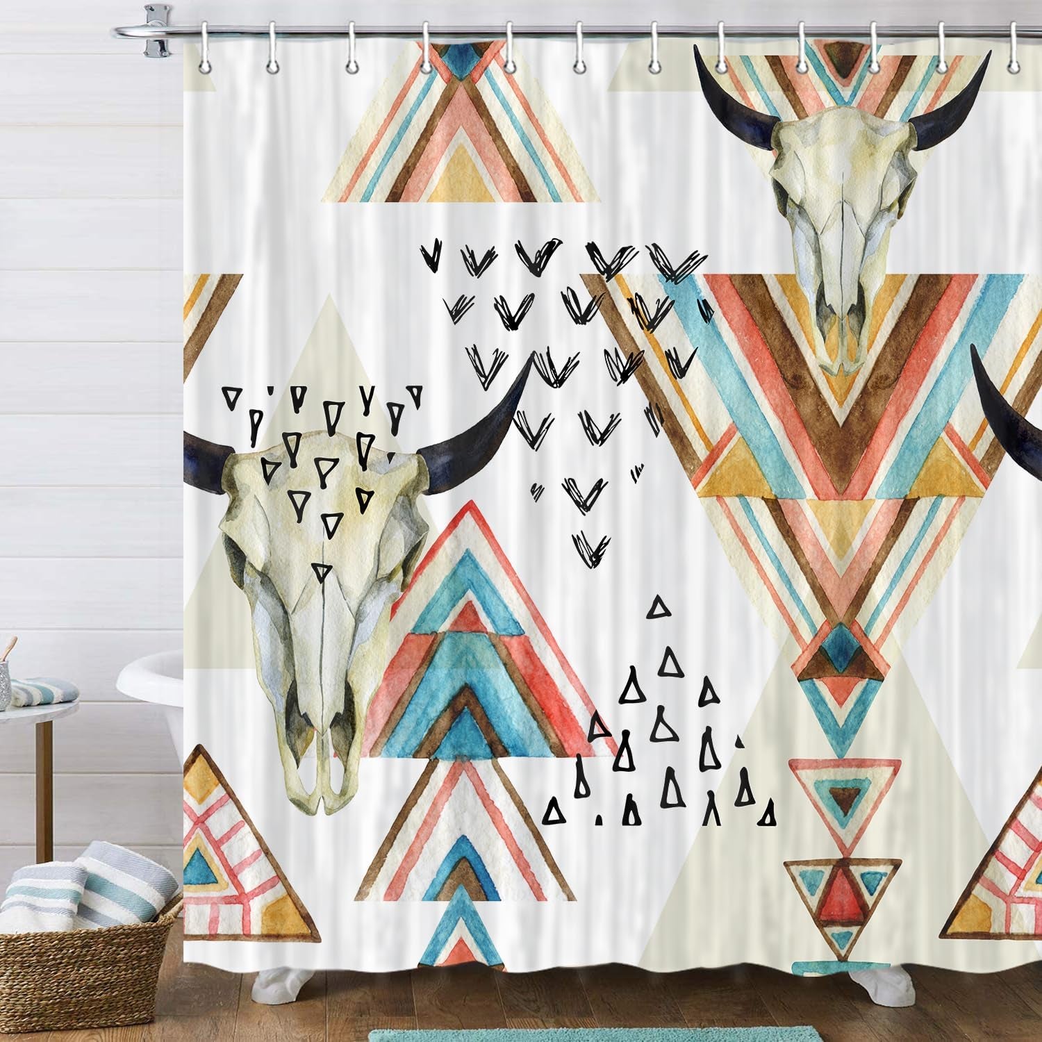 Western Boho Shower Curtain Native Aztec Tribal Bull Skull Southwestern Cow Bohemian Geometric Pattern West Bathroom Decor Aztec Shower Curtain with Hooks (69X70)