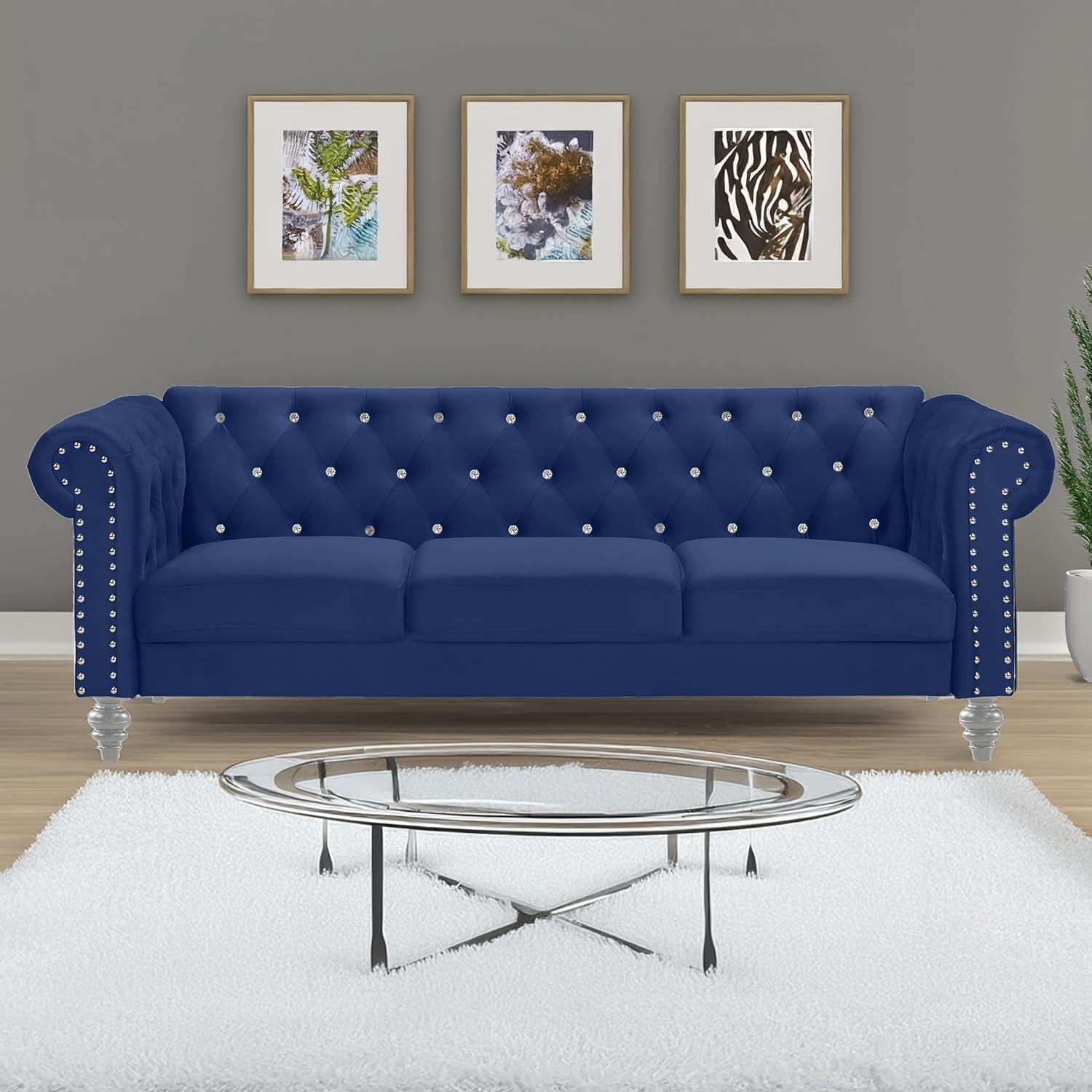 Glam Emma Velvet Three Seater Chesterfield Style Sofa for Small Spaces with Crystal Button Tufts, Royal Blue