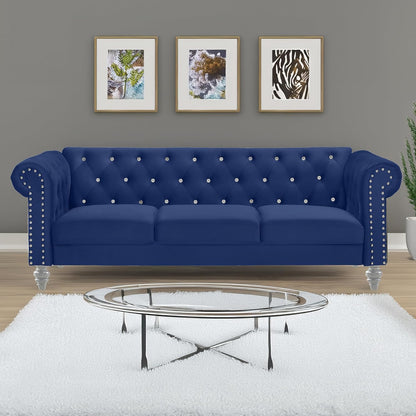 Glam Emma Velvet Three Seater Chesterfield Style Sofa for Small Spaces with Crystal Button Tufts, Royal Blue