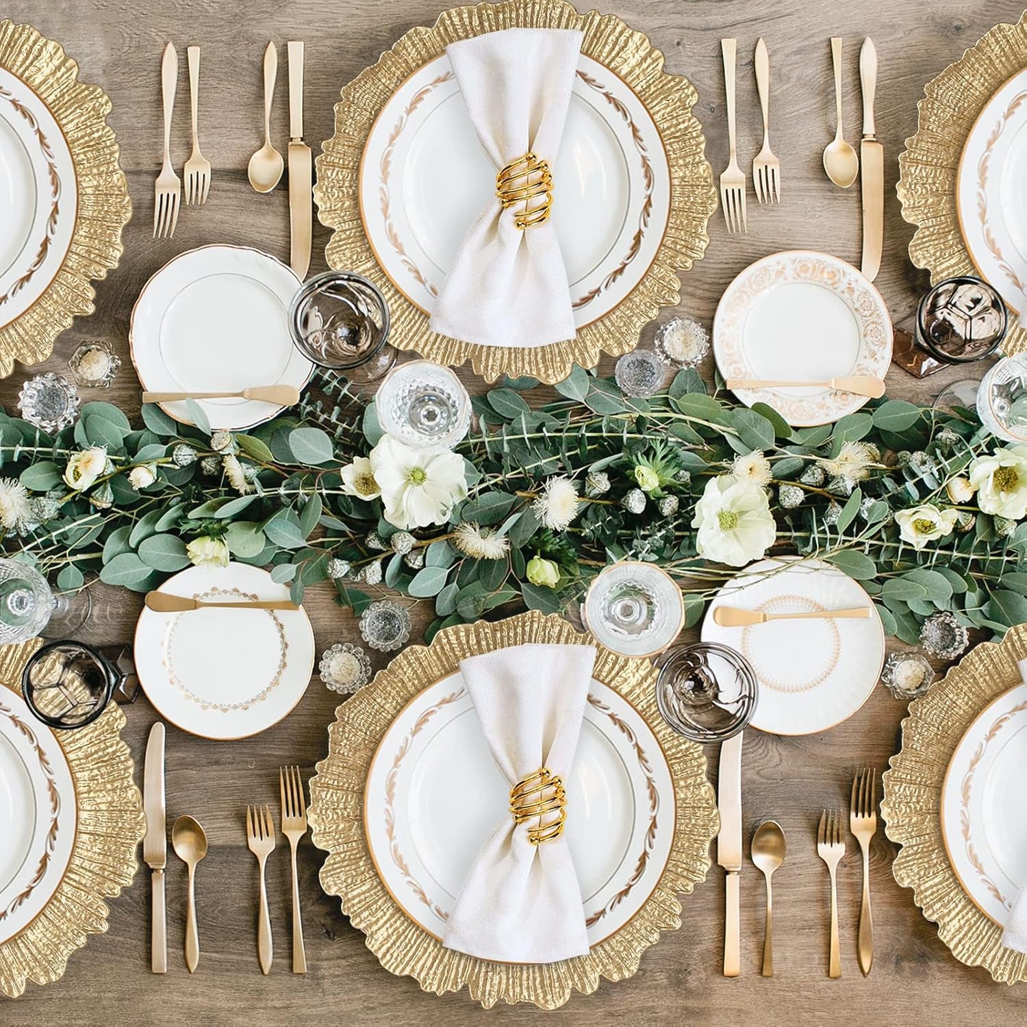 round 13" Gold Charger Plates, Set of 6, Reef Plate Chargers for Dinner Plates, Plastic Table Chargers for Wedding, Thanksgiving, Christmas