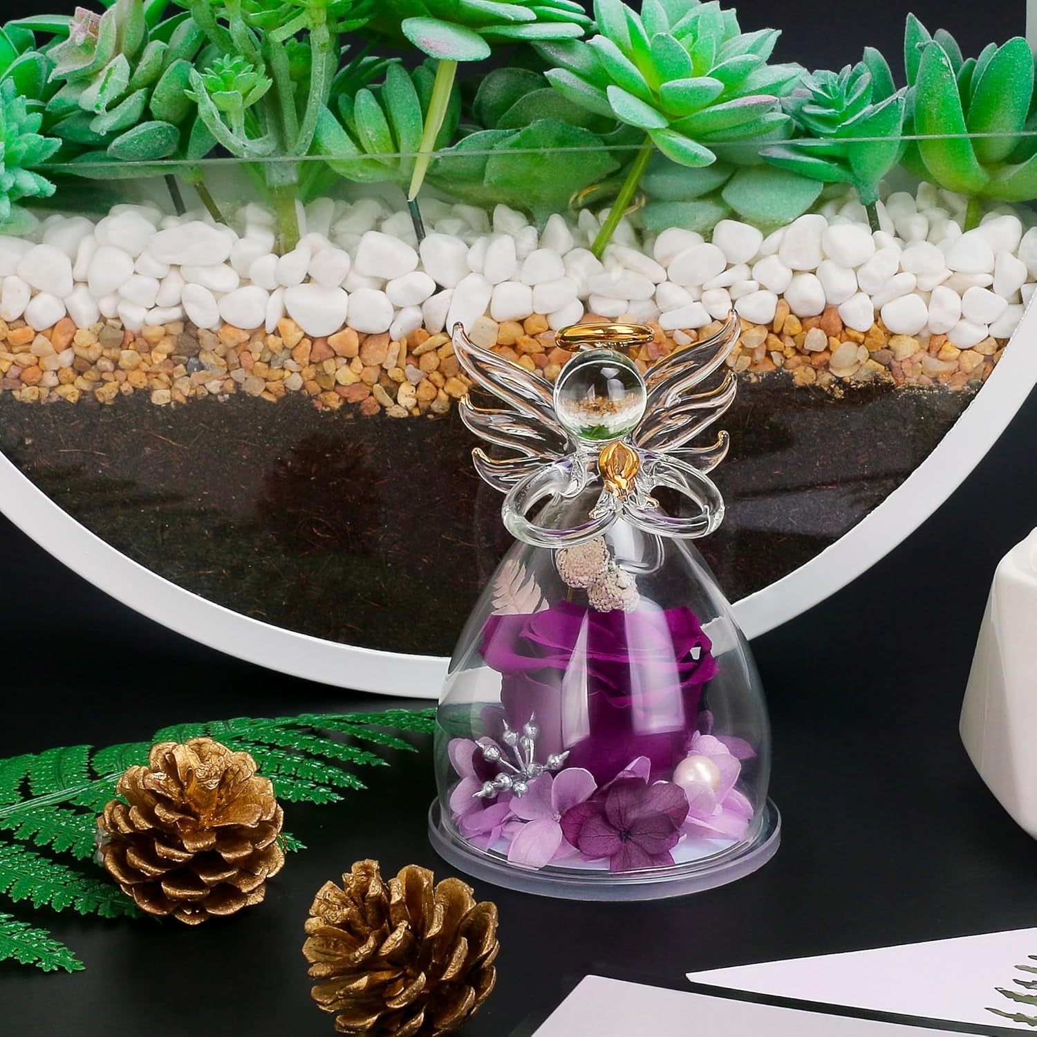 Mothers Day Mom Gifts for Her, Preserved Flowers Rose in Glass Angel Figurines