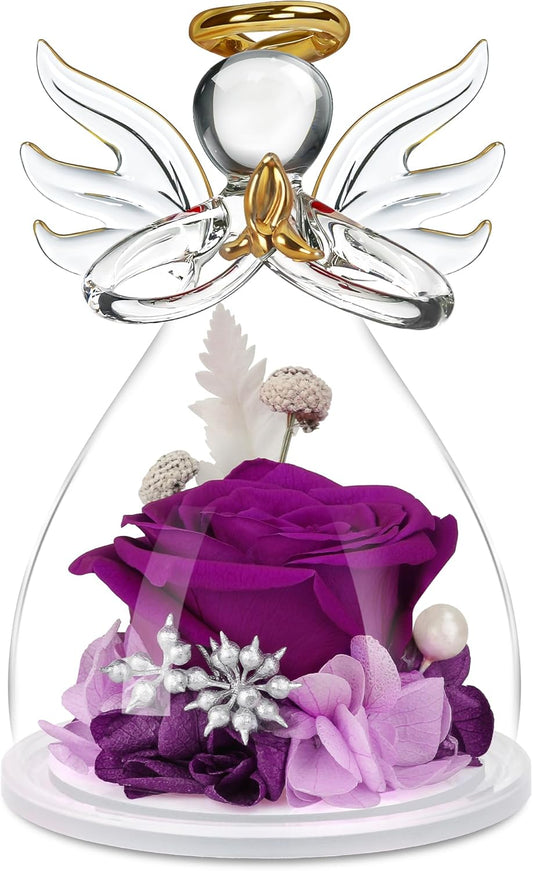 Mothers Day Mom Gifts for Her, Preserved Flowers Rose in Glass Angel Figurines
