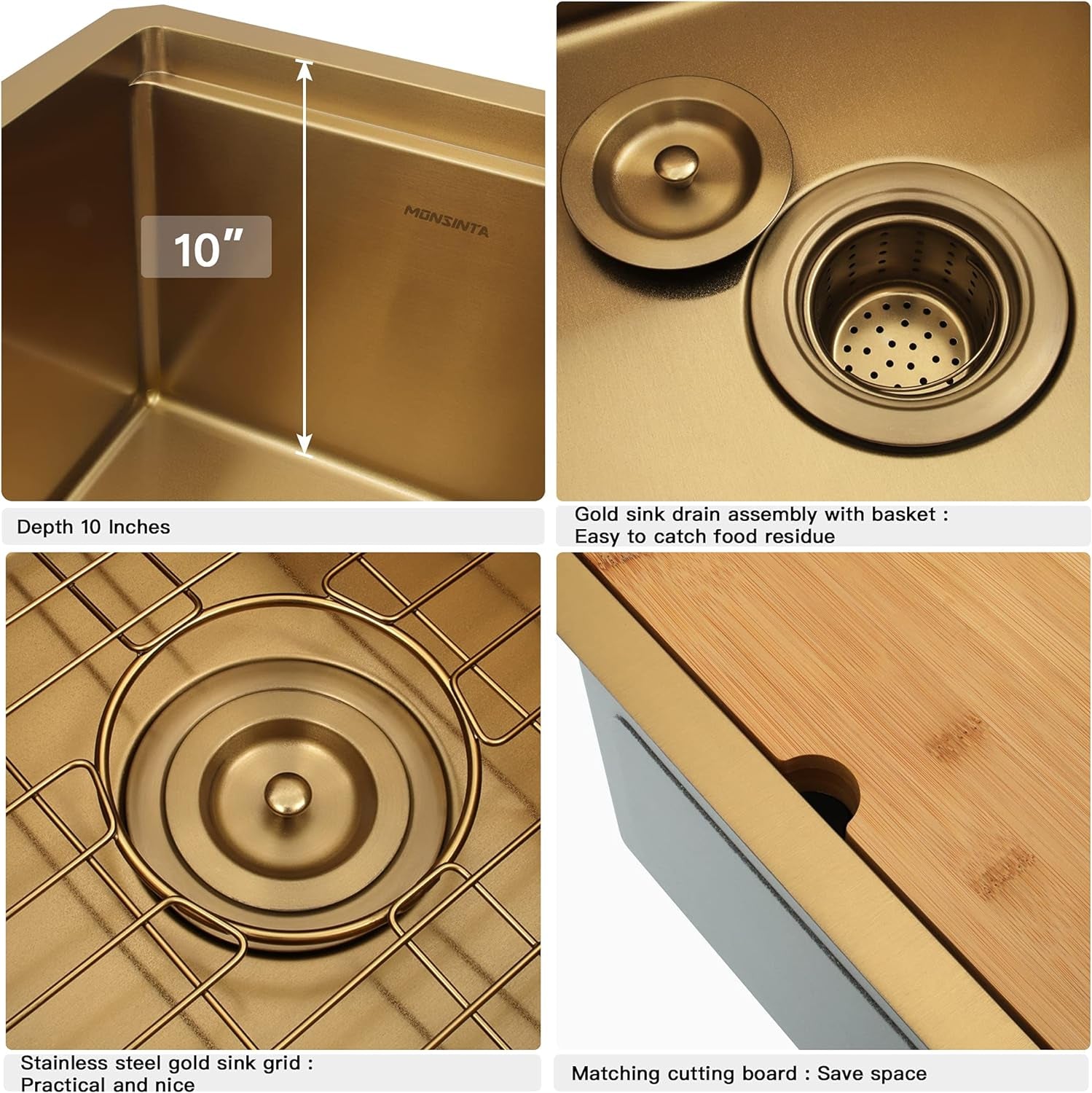 Gold Bar Sink,15 Inch Undermount Bar Sinks, 15" X 15" X 10" Small and Deep Single Bowl Kitchen Sink for Bars and RV, 16 Gauge Stainless Steel Workstation Kitchens Sinks with Gold Accessories