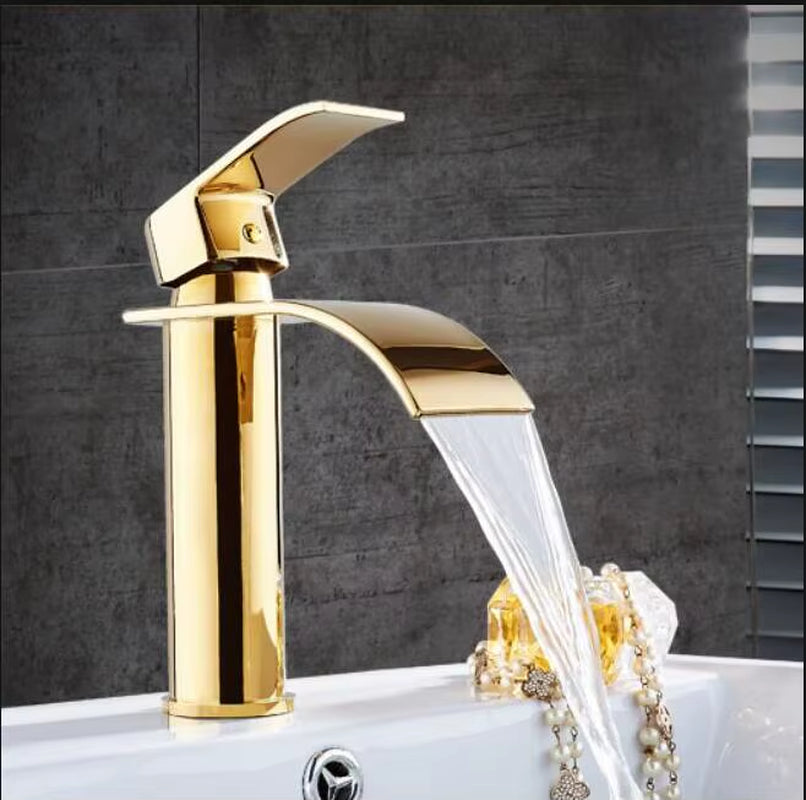 Basin Faucet Gold and White Waterfall Faucet Brass Bathroom Faucet Bathroom Basin Faucet Mixer Tap Hot and Cold Sink Faucet