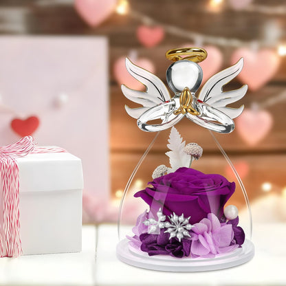 Mothers Day Mom Gifts for Her, Preserved Flowers Rose in Glass Angel Figurines