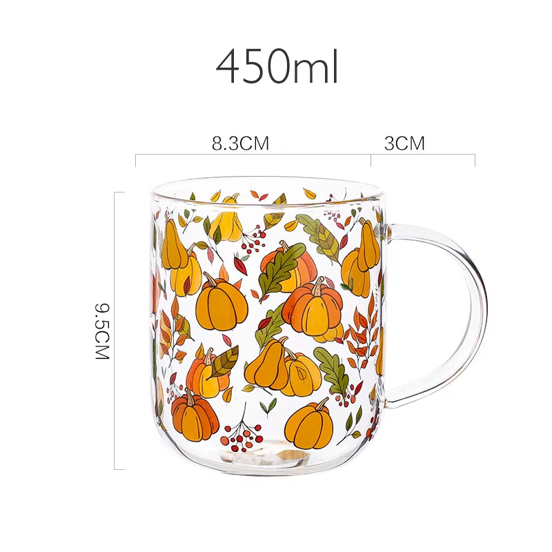 Jinyoujia-Heat-Resistant Glass Mug with Handle, Breakfast Milk Cup, Cute Office Home Coffee Mugs, Mushroom, Pumpkin Pattern