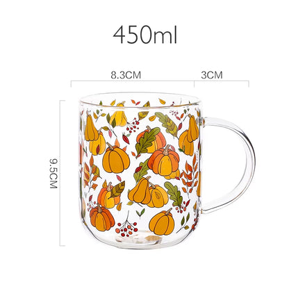 Jinyoujia-Heat-Resistant Glass Mug with Handle, Breakfast Milk Cup, Cute Office Home Coffee Mugs, Mushroom, Pumpkin Pattern