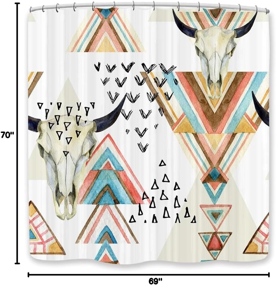 Western Boho Shower Curtain Native Aztec Tribal Bull Skull Southwestern Cow Bohemian Geometric Pattern West Bathroom Decor Aztec Shower Curtain with Hooks (69X70)