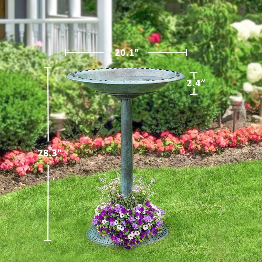 28 Inch Height Polyresin Lightweight Antique Outdoor Garden Bird Bath with Flower Planter Base Green