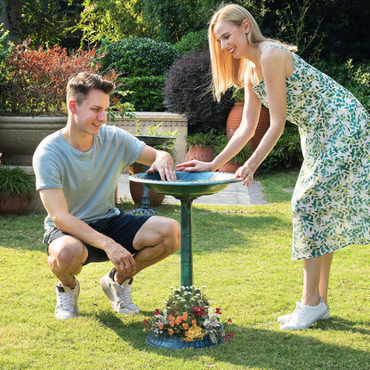 28 Inch Height Polyresin Lightweight Antique Outdoor Garden Bird Bath with Flower Planter Base Green