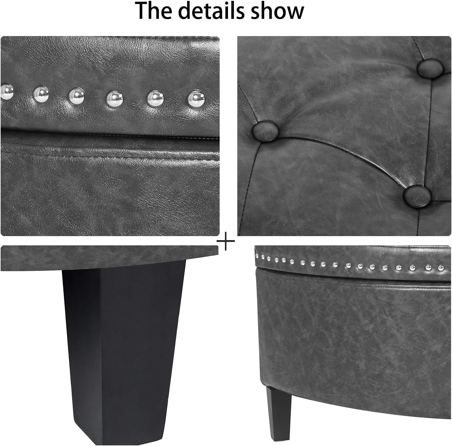 43" Half Moon Storage Ottoman Bench, Lift Top Faux Leather Storage Ottoman Bench for Bedroom Living Room (Gray)