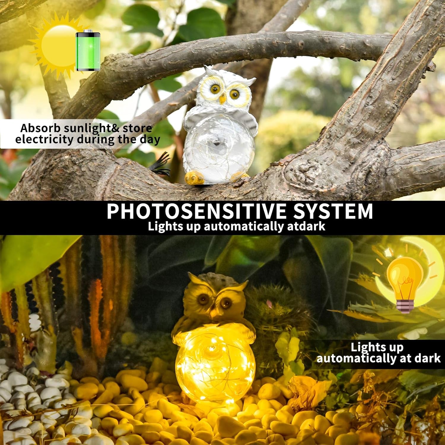 EUOTEO  Owl Garden Lights Handcrafted LED Solar Decorative Lights Perfect Garden Statue for Patios, Pools, Yard, Waterproof, Design with Longer, Brighter Charge & Smart Light Sensors