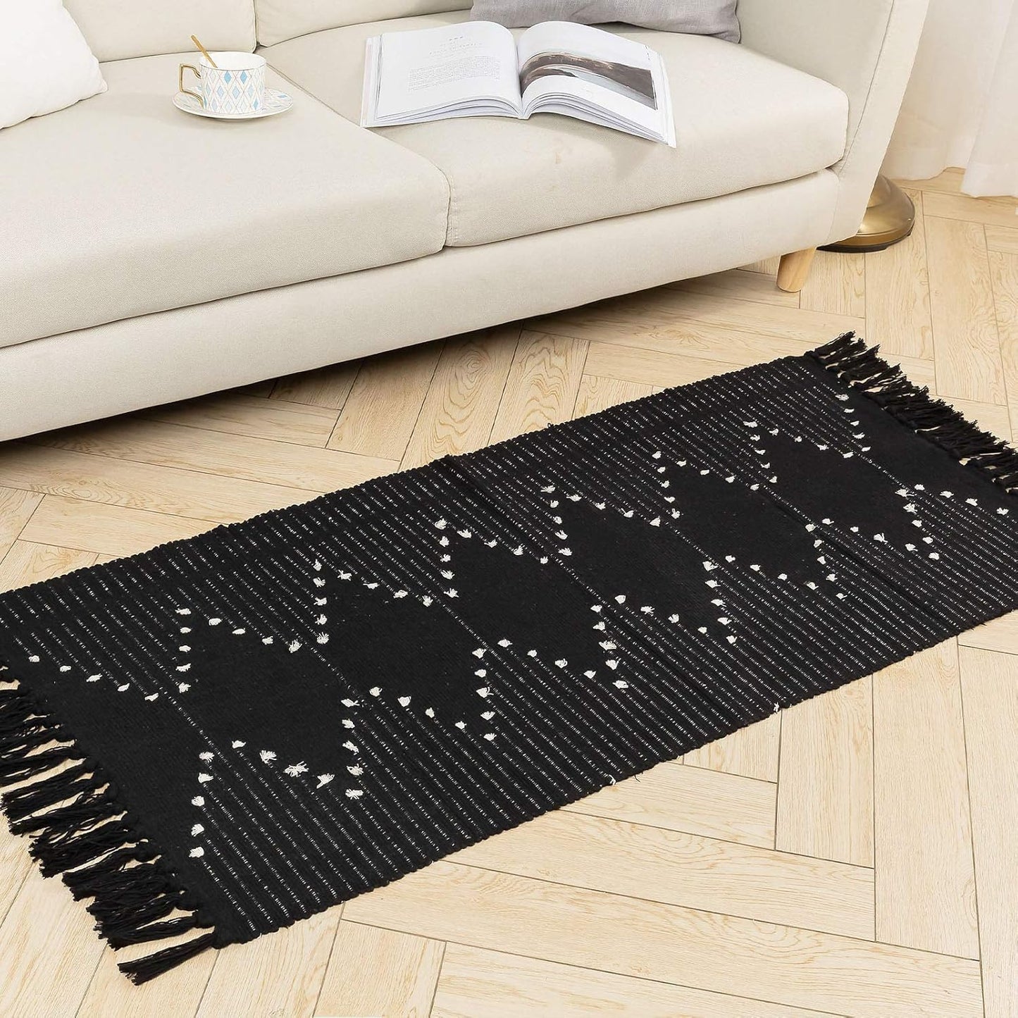 Boho Rug, Boho Kitchen Rug Runner Washable, Boho Bathroom Rug Woven Small Cotton Bohemian Tribal Farmhouse Tassels Bedroom Hallway Moroccan Bath Mat 3'X5', Black