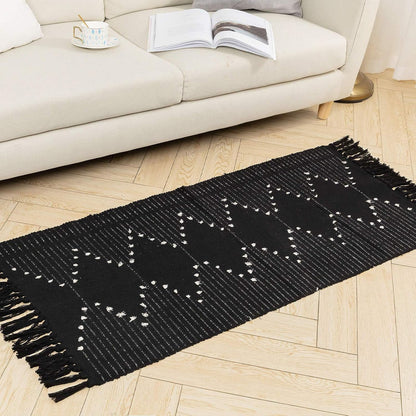 Boho Rug, Boho Kitchen Rug Runner Washable, Boho Bathroom Rug Woven Small Cotton Bohemian Tribal Farmhouse Tassels Bedroom Hallway Moroccan Bath Mat 3'X5', Black