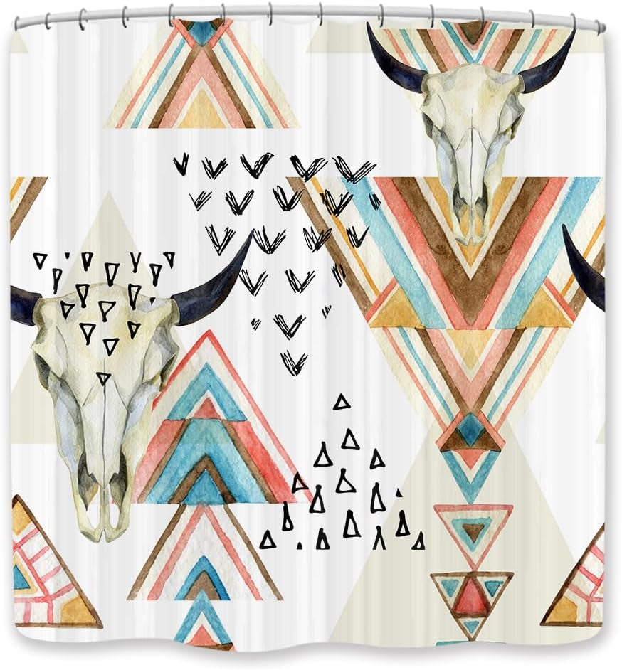 Western Boho Shower Curtain Native Aztec Tribal Bull Skull Southwestern Cow Bohemian Geometric Pattern West Bathroom Decor Aztec Shower Curtain with Hooks (69X70)