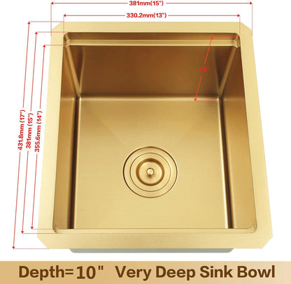 Gold Bar Sink Undermount, 15" X 17" Stainless Steel Bar Prep RV Sink, 16 Gauge Workstation Sinks, Small Single Bowl Kitchen Sinks with Cutting Board and Accessories