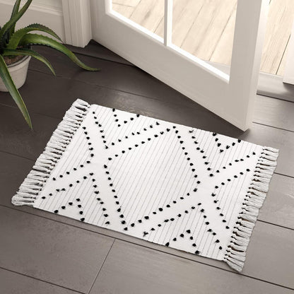 Boho Bathroom Rug 2'X 3' , Cotton Woven Washable Small Area Rugs with Tassels,Black and White Kitchen Rug Moroccan Tribal Throw Carpet Bath Mat Front Door for Living Room Kitchen Bedroom