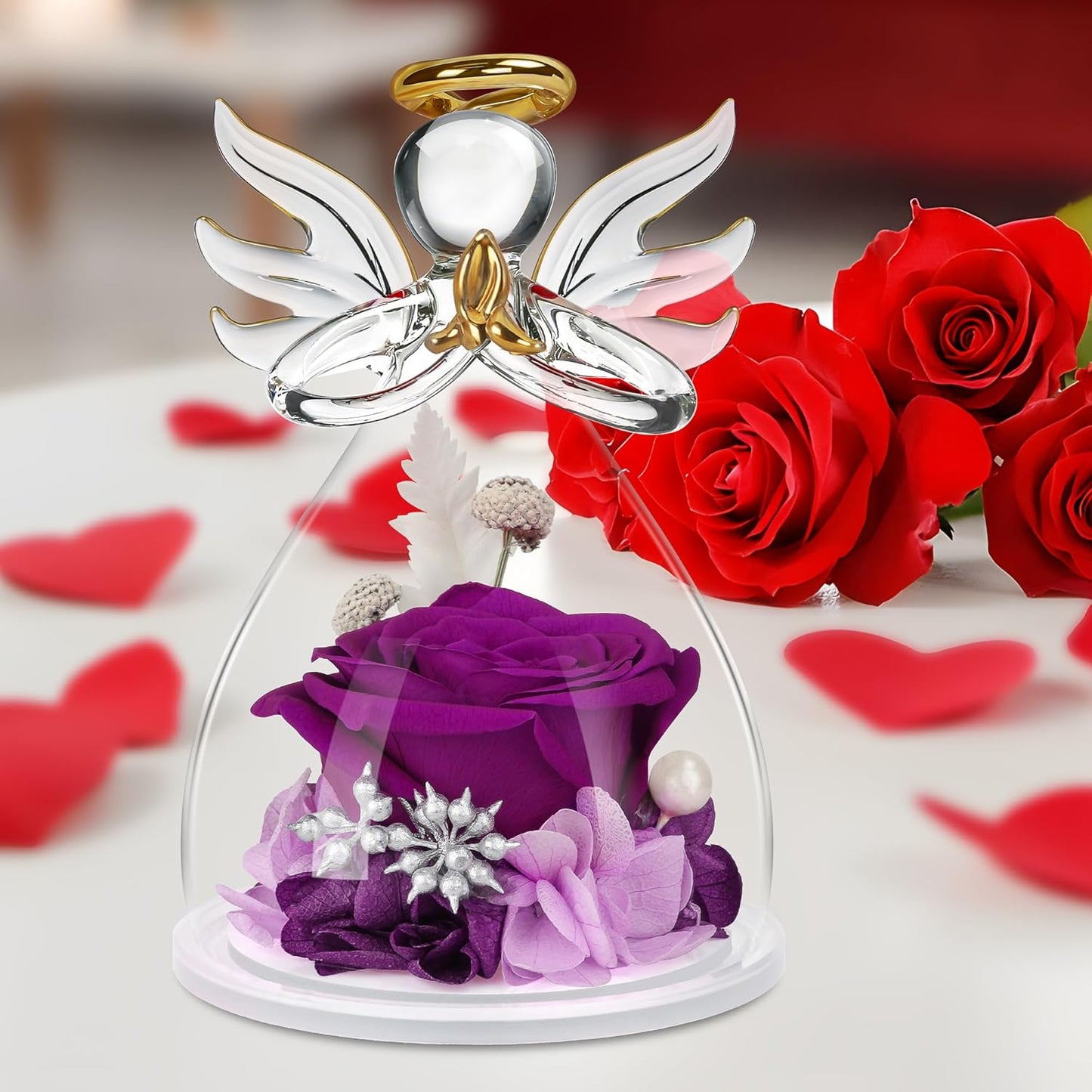 Mothers Day Mom Gifts for Her, Preserved Flowers Rose in Glass Angel Figurines