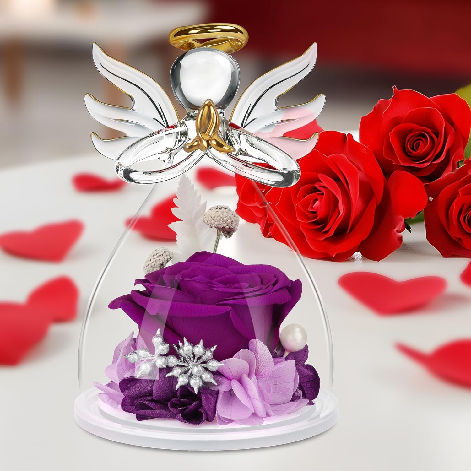 Mothers Day Mom Gifts for Her, Preserved Flowers Rose in Glass Angel Figurines