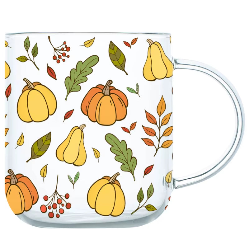 Jinyoujia-Heat-Resistant Glass Mug with Handle, Breakfast Milk Cup, Cute Office Home Coffee Mugs, Mushroom, Pumpkin Pattern