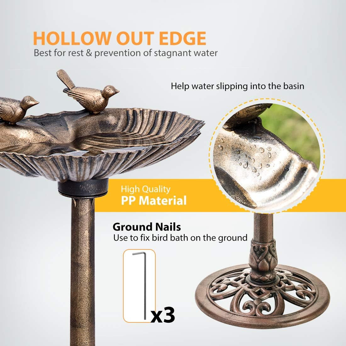 28 Inch Height Polyresin Lightweight Outdoor Double Birds Garden Bird Bath Copper