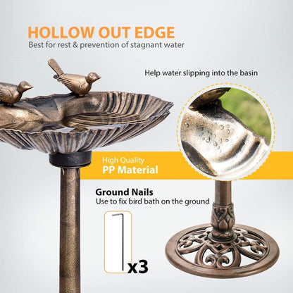28 Inch Height Polyresin Lightweight Outdoor Double Birds Garden Bird Bath Copper