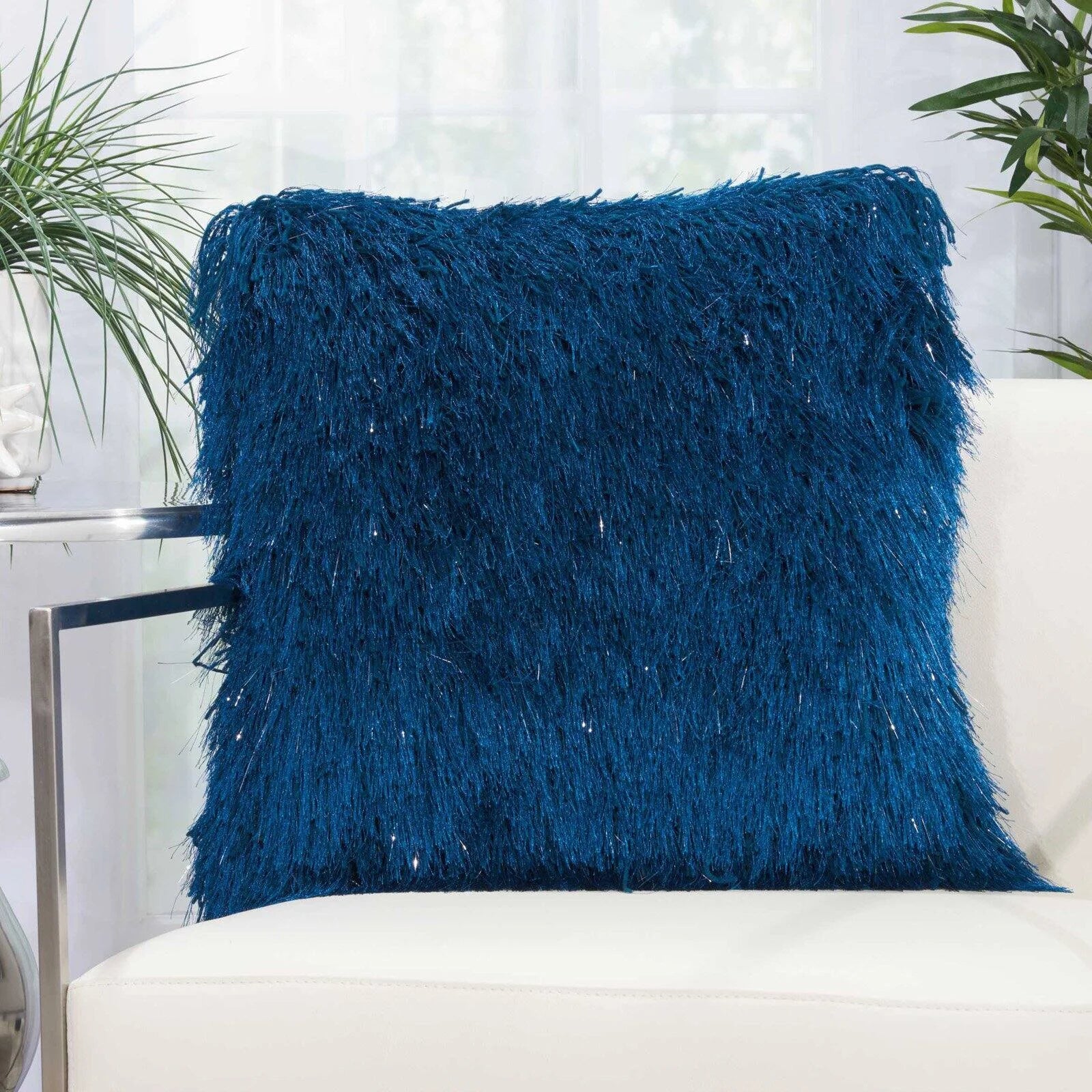 Yarn Shimmer Shag Decorative Throw Pillow, 17" X 17", Light Grey