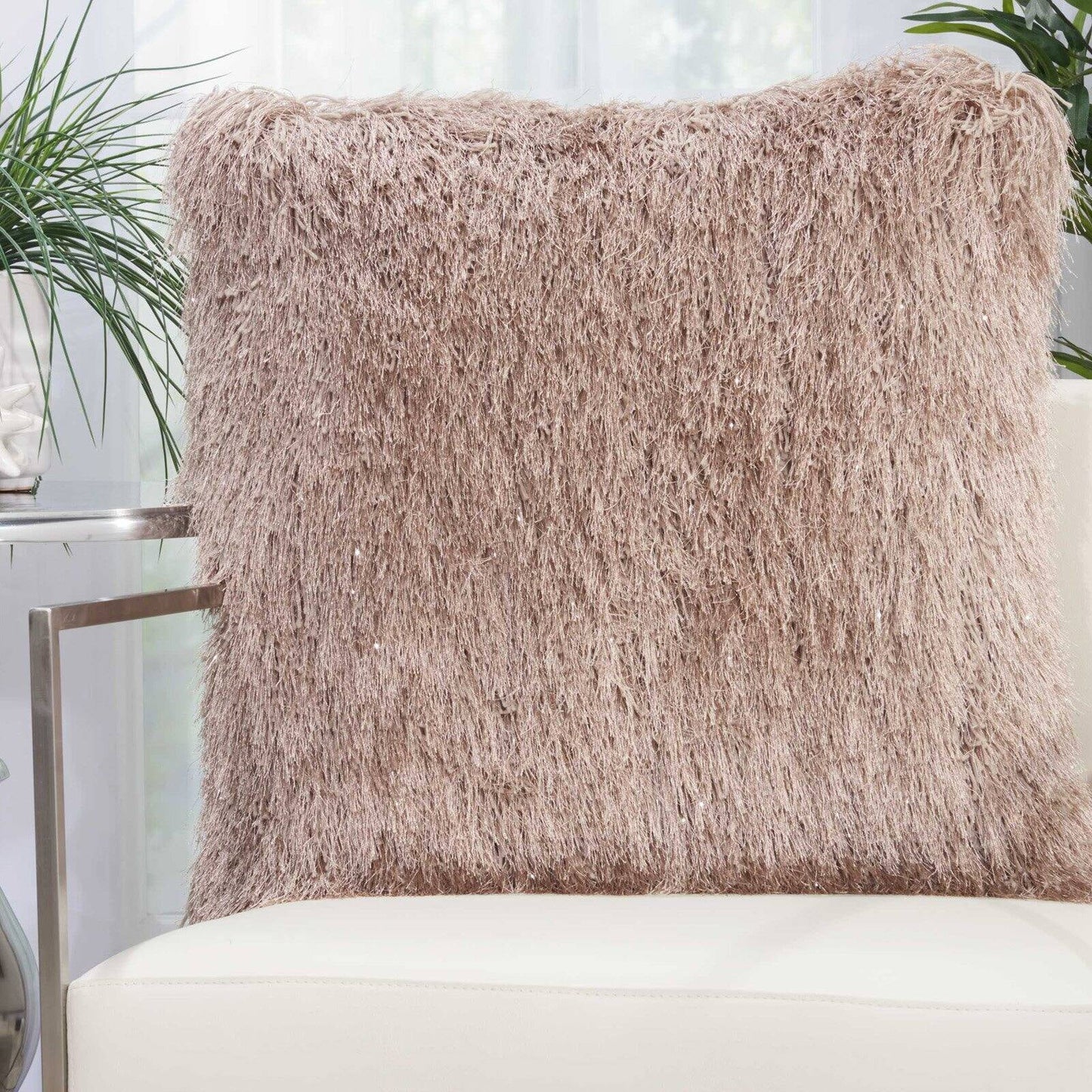 Yarn Shimmer Shag Decorative Throw Pillow, 17" X 17", Light Grey