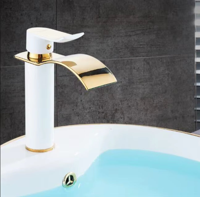 Basin Faucet Gold and White Waterfall Faucet Brass Bathroom Faucet Bathroom Basin Faucet Mixer Tap Hot and Cold Sink Faucet