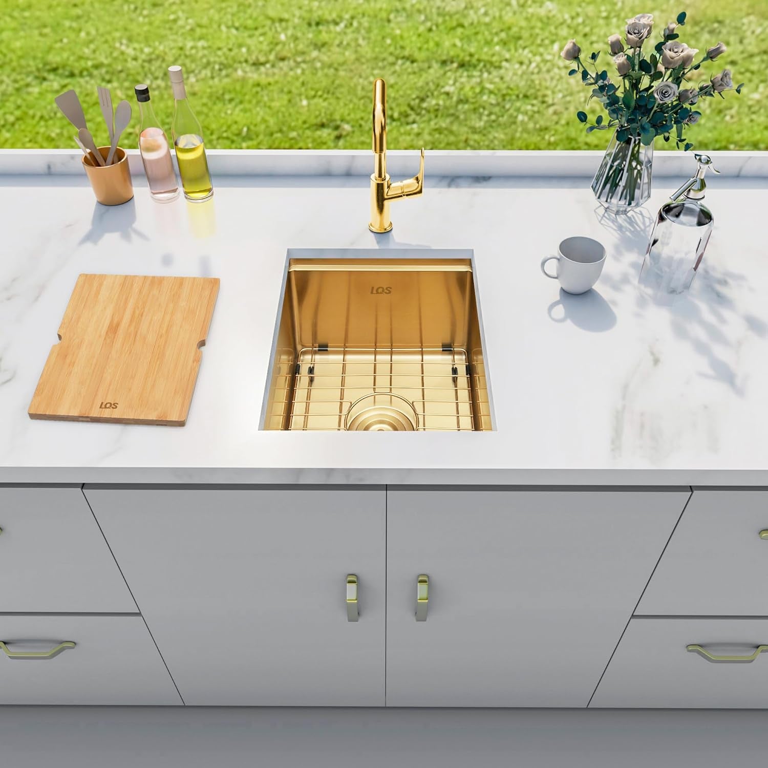 Gold Bar Sink Undermount, 15" X 17" Stainless Steel Bar Prep RV Sink, 16 Gauge Workstation Sinks, Small Single Bowl Kitchen Sinks with Cutting Board and Accessories