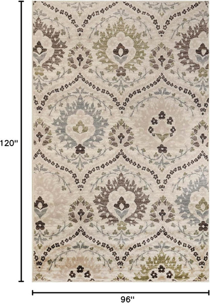 Indoor Area Rug, Jute Backed, Modern Oriental Floral Damask Floor Decor for Office, Living Room, Bedroom, Entryway, Dining/Kitchen, Hardwood, Augusta Collection, 8' X 10', Beige-Brown