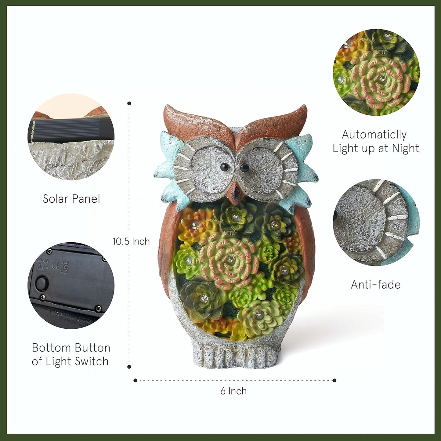 Owl Garden Statue Garden Decor with Solar LED Lights for Yard Patio, Owl Gifts for Owl Lovers, Outdoor Decorations Lawn Ornaments Animal Figurine, 10.5 X 6 Inch