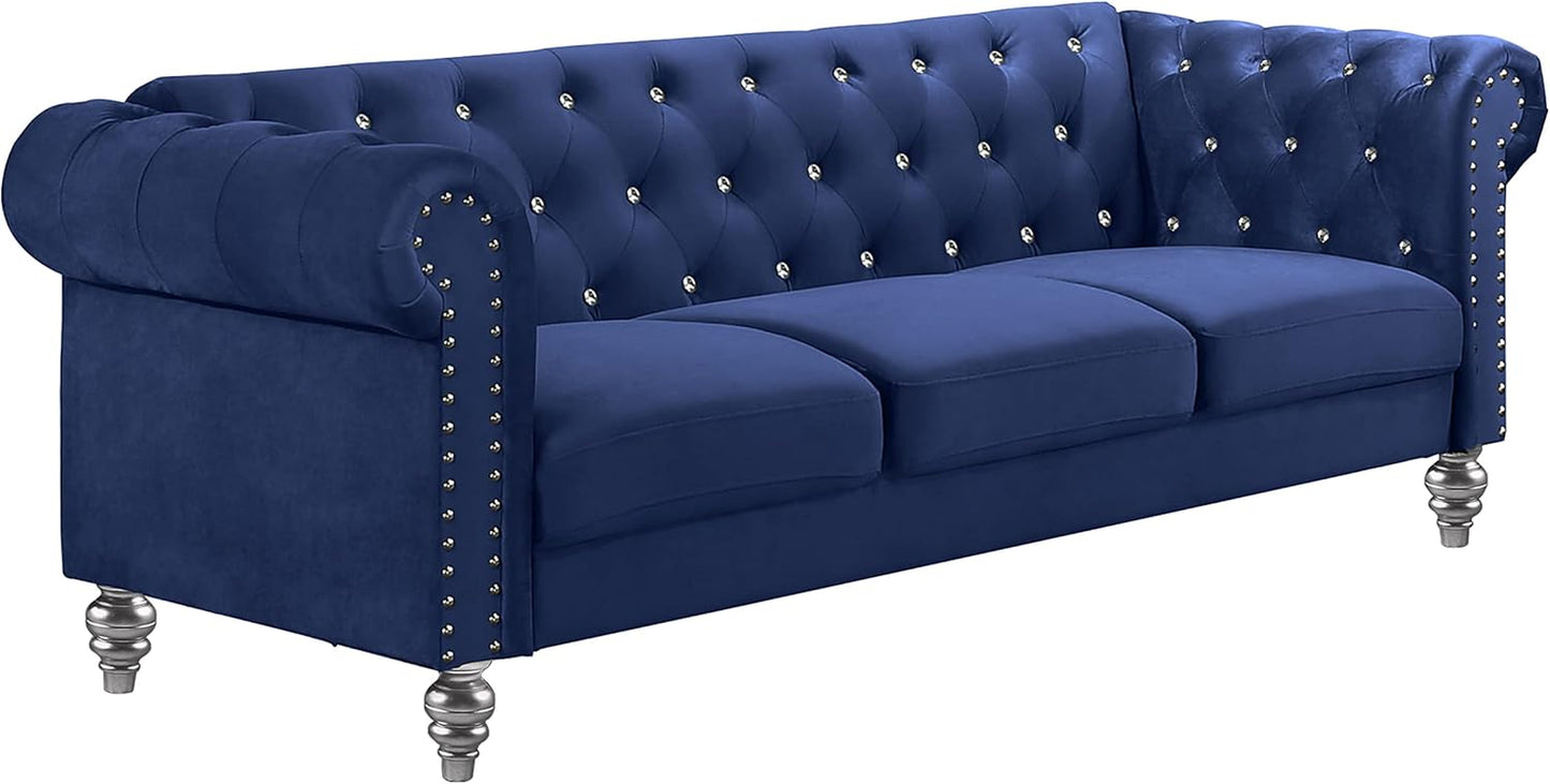 Glam Emma Velvet Three Seater Chesterfield Style Sofa for Small Spaces with Crystal Button Tufts, Royal Blue