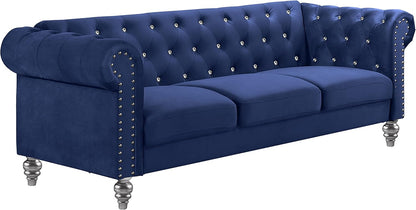 Glam Emma Velvet Three Seater Chesterfield Style Sofa for Small Spaces with Crystal Button Tufts, Royal Blue