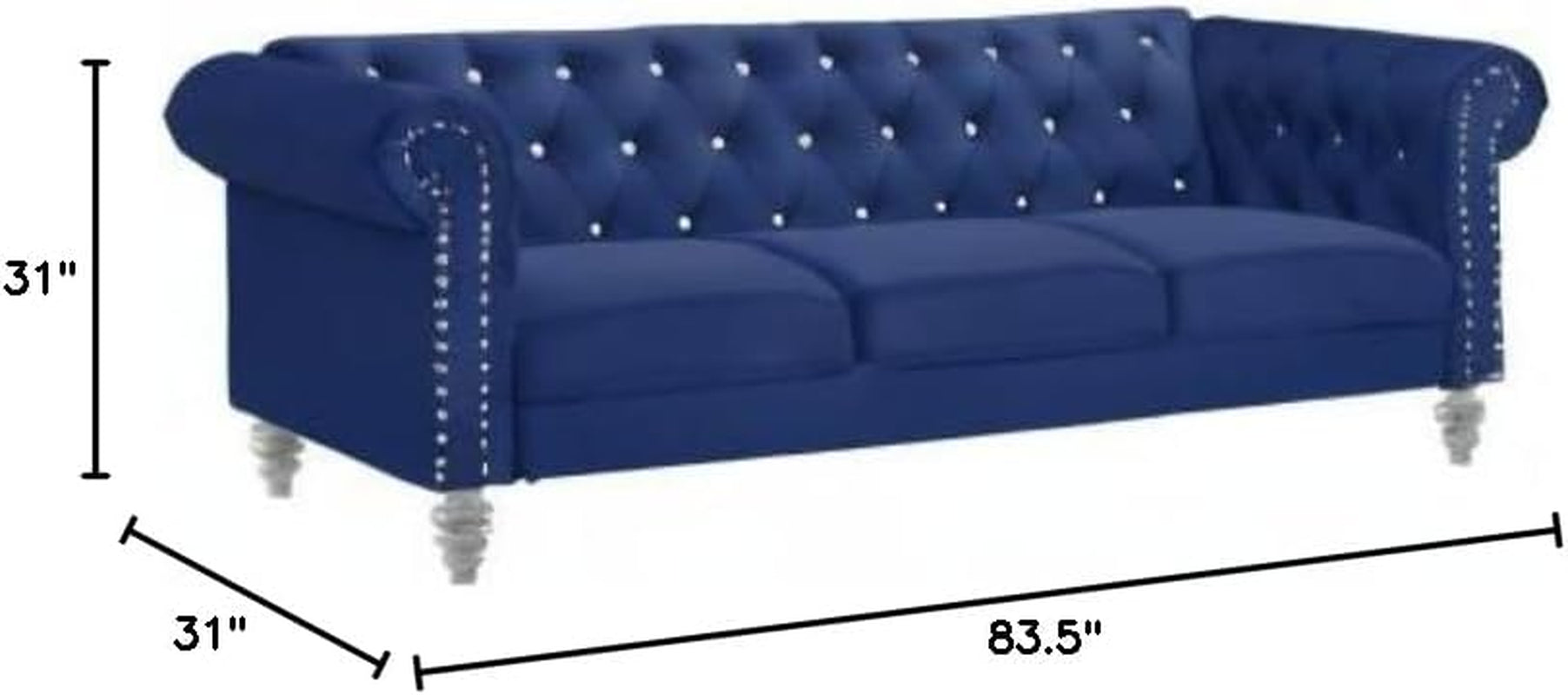 Glam Emma Velvet Three Seater Chesterfield Style Sofa for Small Spaces with Crystal Button Tufts, Royal Blue